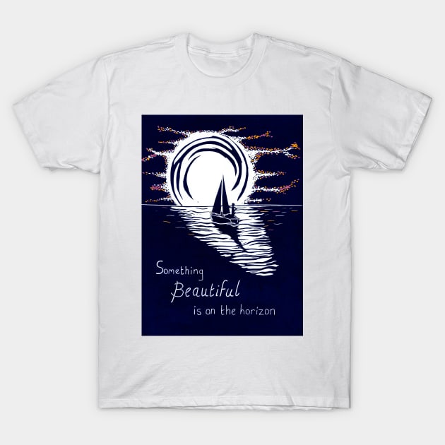 Something Beautiful is on The Horizon, Inspirational Linocut in Blue and Red T-Shirt by Maddybennettart